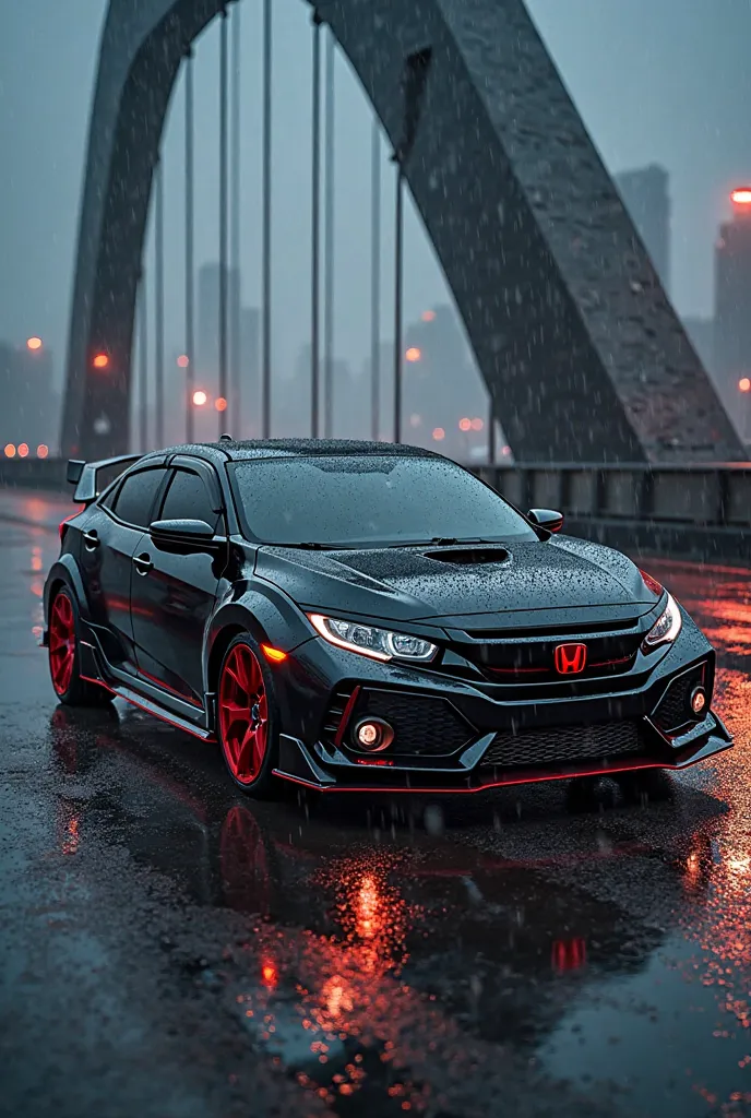  realistic photo, Honda Civic R-Type, matte black bridge with a red longitudinal stripe,  red wheels , body kit, red LED headlights , on top of a dark futuristic bridge on a rainy night, 