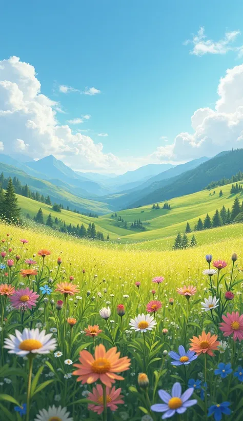 A vibrant spring meadow filled with wildflowers, rolling hills, and a clear blue sky. Include ultra-high detail in the flowers, grass, and distant mountains, with a soft focus on the background to create depth