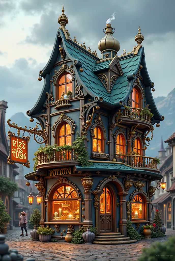 Make me a minecraft potion shop exterior that would be called "fizz & flask" , the theme should be fantasy and steampunk