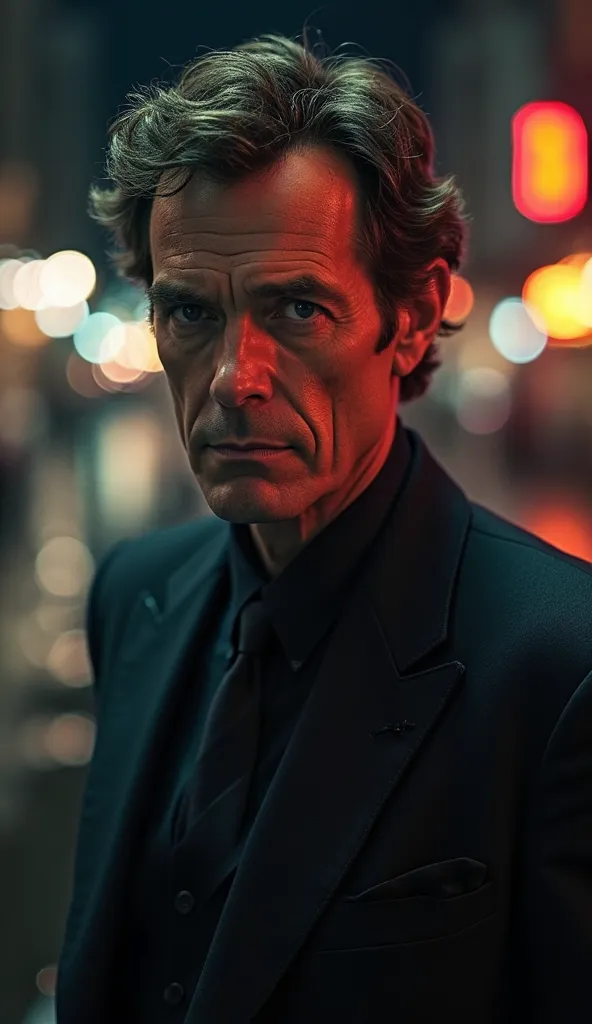 An ultra-realistic cinematic portrait of Hugh Laurie, with dramatic House movie-style lighting. He wears an elegant dark suit, with an intense and reflective look. The scene is illuminated by a soft side light, creating deep shadows that highlight his dist...