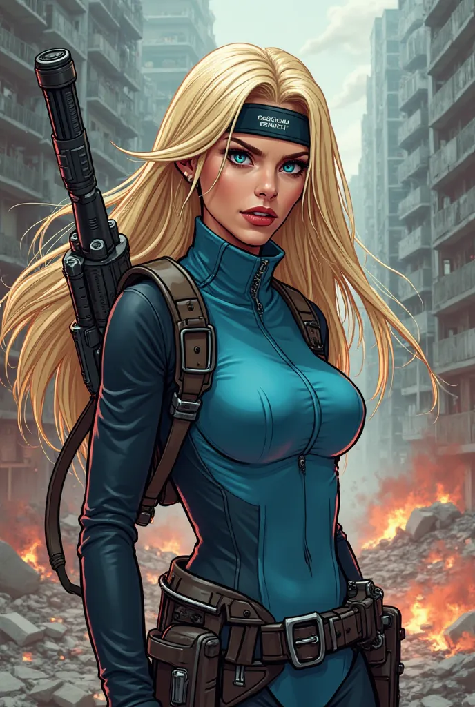 Woman with long straight blonde hair with light blue eyes red lips Michell Pfeiffer's face wearing ninja clothes in light blue and black is close to a cat she also wears a ribbon on her forehead that says "Ekaterina" She carries a machine gun on her back a...