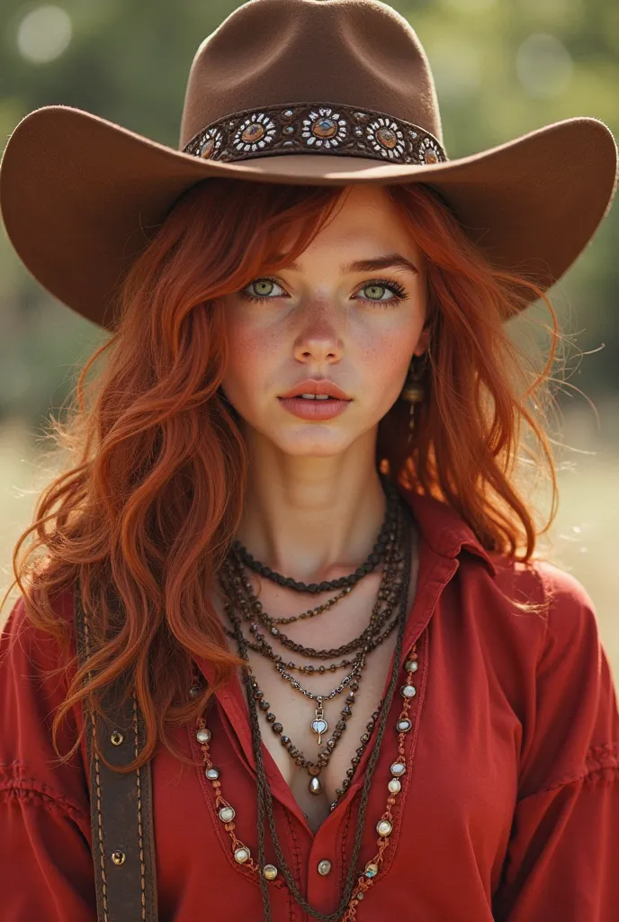 cowboy style manhwa with a girl with shoulder-length red hair,   green eyes,  natural beauty , fair skin, The red Indian clothes wear 