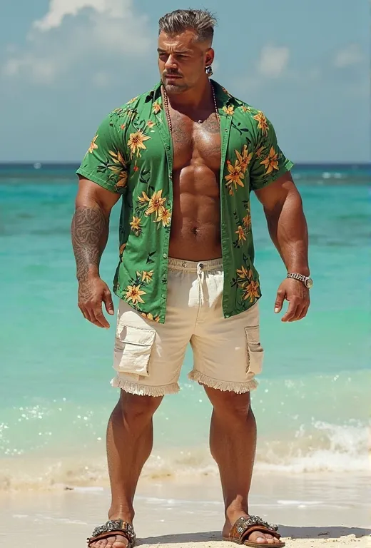 image qui  représente un personnage jeune de 23 ans et fait 2m10  et qui ressemble  à  un  bodybuilder extrêmement musclé  , extrêmement  robuste , extrêmement barraqué avec une apparence joviale. Il porte une chemise hawaïenne verte à motifs floraux, un d...