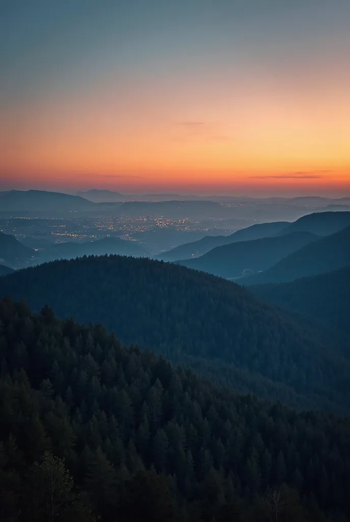 on top of a mountain during the last moments of sunset, with the sky turning from orange tones to deep blue. The landscape below is covered by a dense forest, with many trees of different shades of green. On the horizon, a small cozy city with lights start...