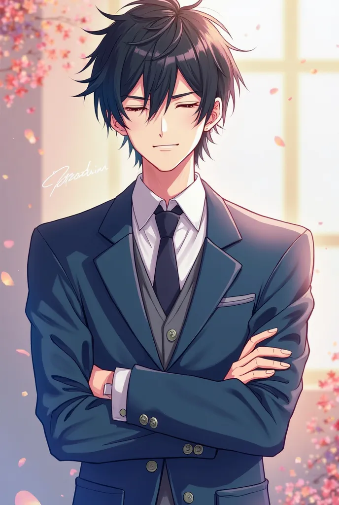 Bright, rich anime illustration: . A young guy with dark disheveled hair and closed eyes, is wearing a school uniform with a blue jacket, white shirt and tie. Standing with a confident