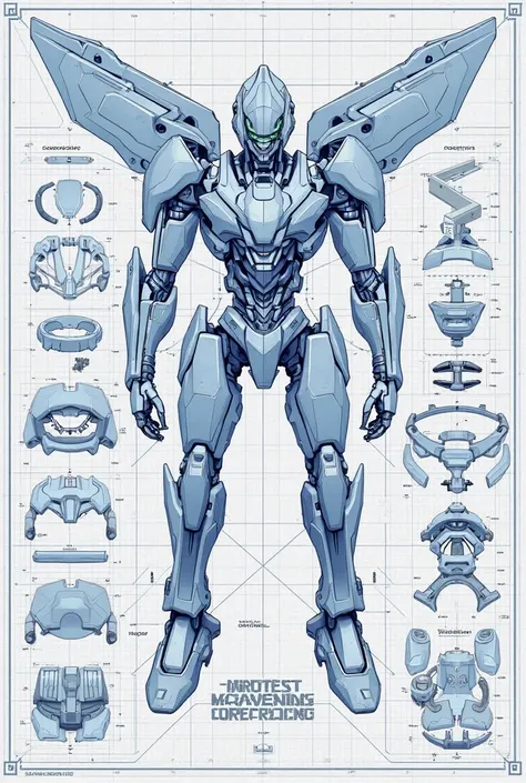 Prompt 9: Design a detailed assembly schematic for a modern combat robot in a traditional blueprint style. Emphasize a futuristic, aerodynamic frame with winged details and a pronounced silhouette. Provide exploded diagrams, cross-sectional views, and exac...