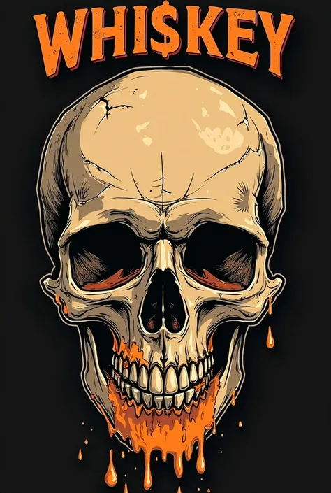 A simple skull with no top and whiskey spilling from the top and the word whiskey is in top and one year in bottom and the whiskey is leaking a little from eyes and mouth and some cracking in skull with orange and black background 