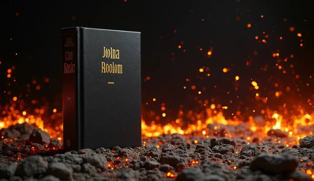 "A black book with gold lettering, placed on a fractured ground emitting a fiery glow. The background is almost entirely black, with subtle ember sparks floating in the air. The book is positioned to the right, leaving the left side open for text placement...