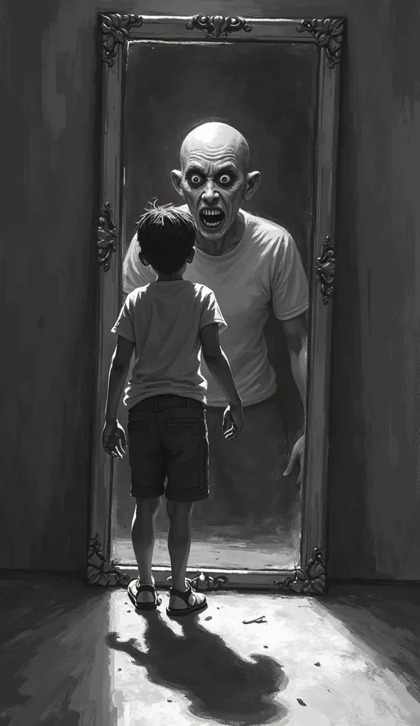 Lucas is standing in front of the mirror, with wide eyes and half open mouth in a mixture of terror and disbelief. His pale face reflects fear, and his hands tremble as he tries to get away, but it seems stuck, as if an invisible force is holding him there...