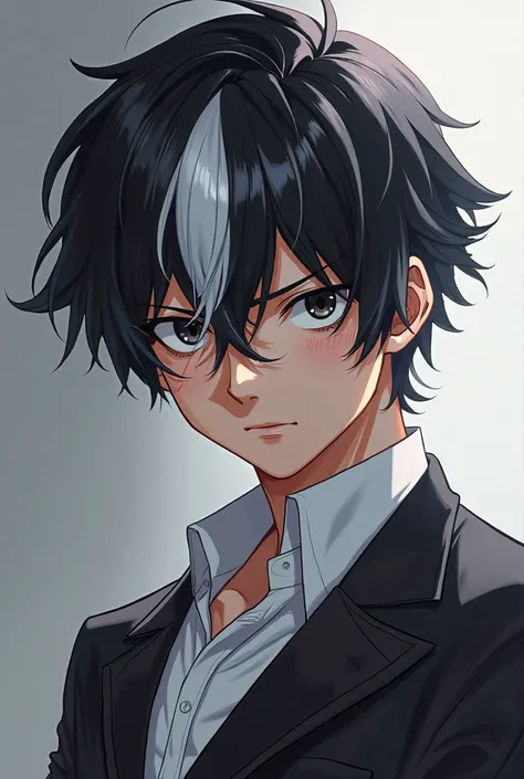 Shoto Todoroki without the burn. With black hair and a white tuft in the UA uniform