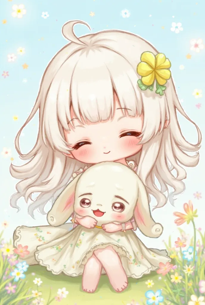 Chibi girl with long, white, and wavy hair（ is smiling while touching a rabbit doll with a smile、smile , light sky flower dress, Wear a yellow-green clover pin ）,bust 