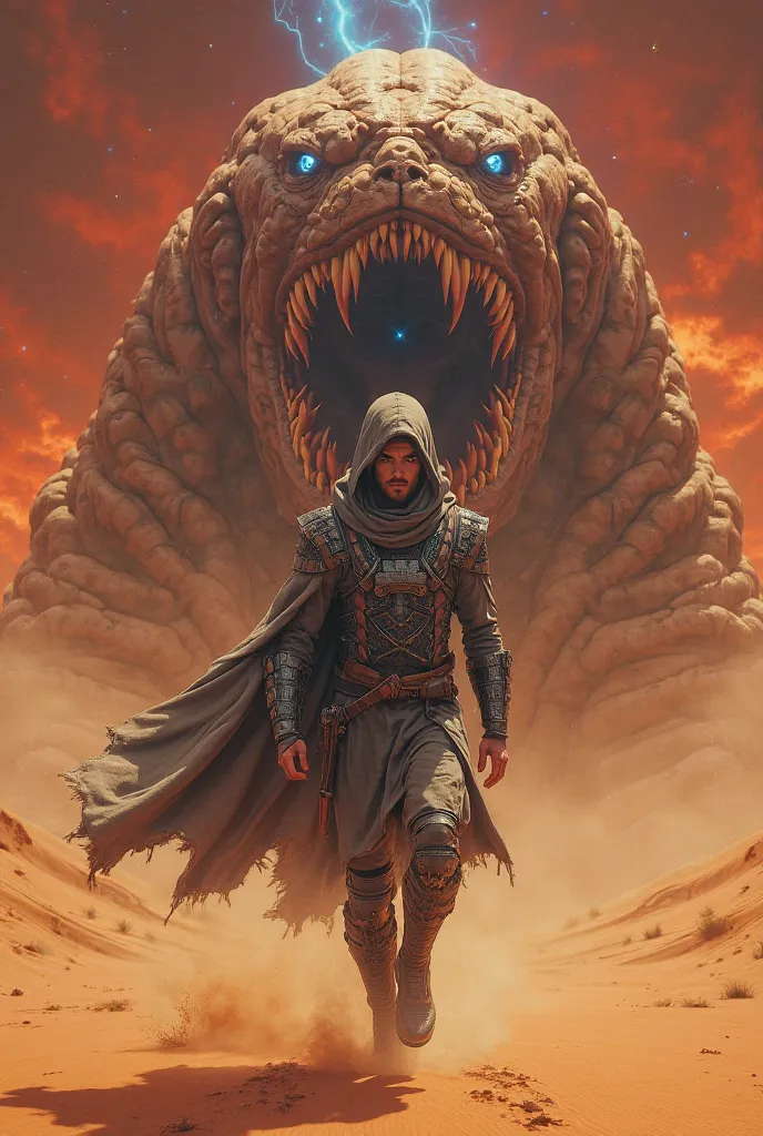 An ultra-realistic and epic version of Dune, with Paul Atreides wearing a detailed stillsuit, hood and mask, as he charges across the dunes of Arrakis. His look is determined and visionary, with his blue eyes shining intensely. Behind him, a colossal versi...