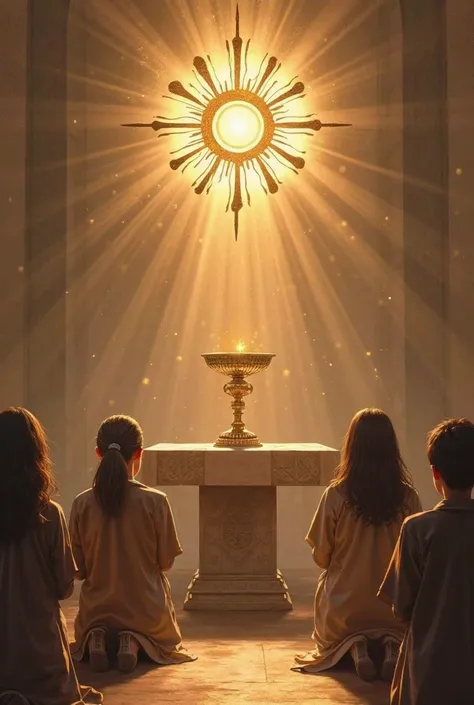 Create me another one like this but in the place of Jesus place the altar table with a curodia where the Blessed Sacrament will be kept in the shape of the sun and with the young people kneeling