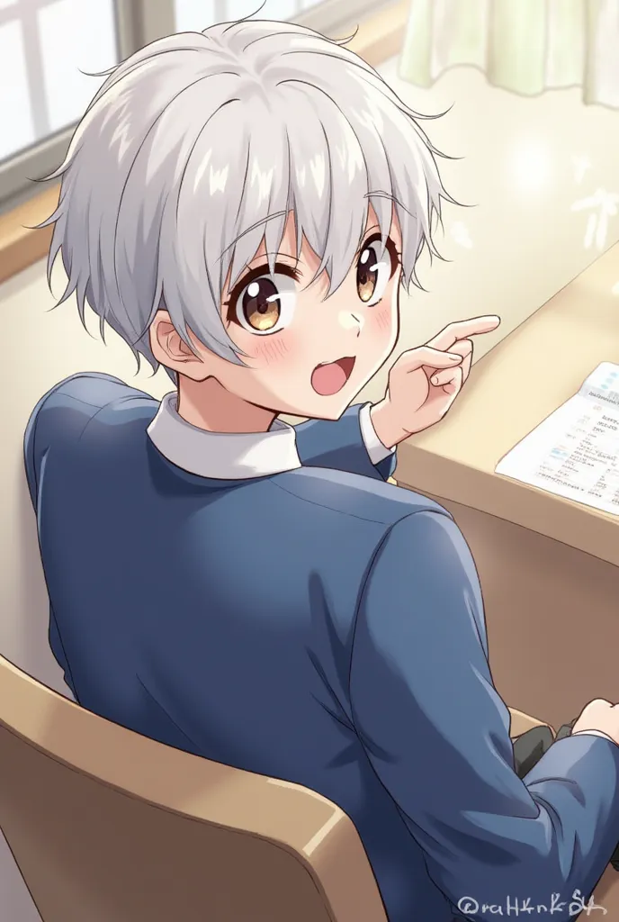 Bright, rich anime illustration: A student with short white hair sits on a chair, with his whole body turned back. His eyes are wide open, Mouth open in surprise.  wearing a school uniform: blue jacket, white shirt. One hand on the desk, the other is sligh...