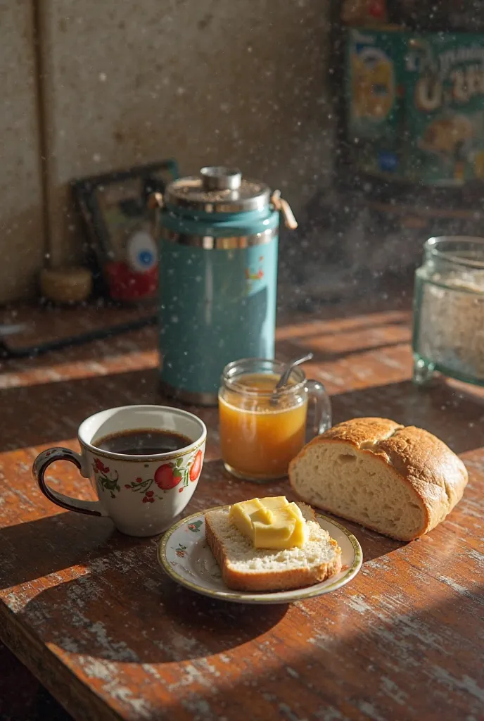 The strong smell of freshly brewed black coffee Spread it around the house while you sit at the half-worn wooden table, with a plastic towel printed with fruit drawings. Yesterday's French bread is a bit hard, but her mother cuts it in half and passes gene...