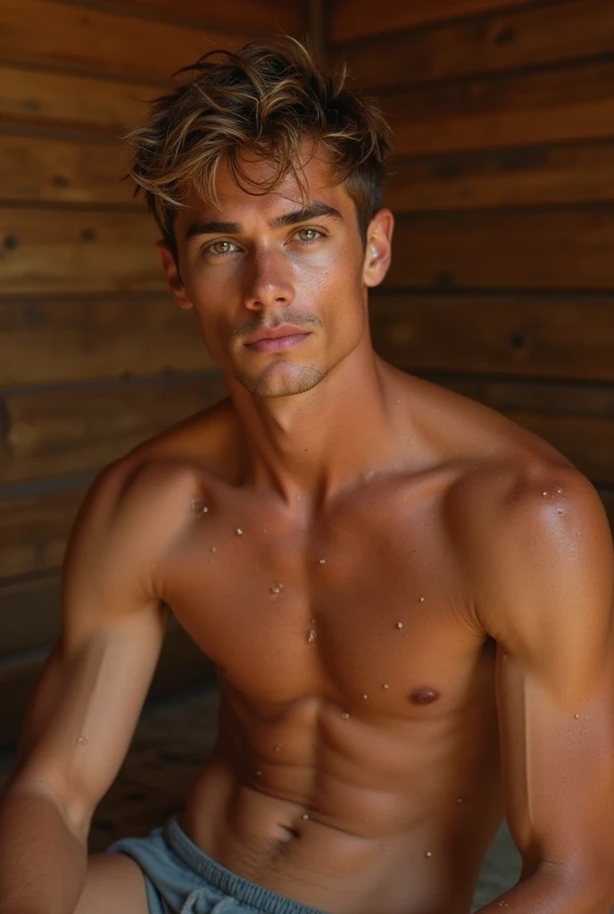 an extremely handsome young man,  with tanned skin , short hair, slightly disheveled ,  Light brown ,brown eyes, An athlete , toned and healthy body,  sleeveless shirt , briefs, in the sauna, sweating