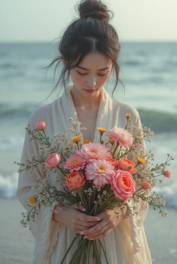 Shore woman holding flowers
