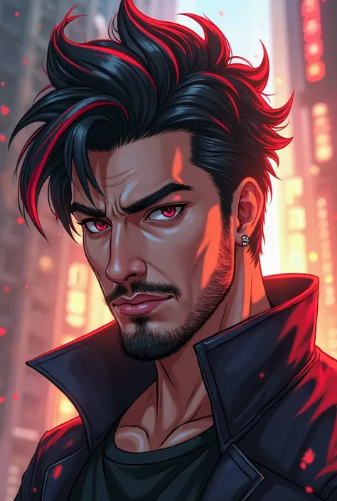 39 year old man with beard and red streaks in his black hair make the style manga anime make him have charisma 