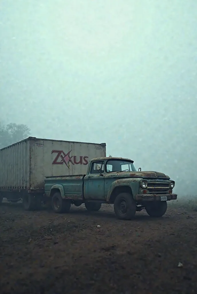 Draw a duf car carrying something his trailer says Zxus as a logo and this drawing should look like it was shot on Redmi 9a. Realistic in the fog not cartoonish like in real life 