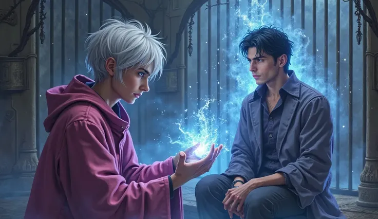 A magician with short white hair in a pink hooded robe (blue eyes glow )frees a man with black hair sitting in a cage with air magic.  Realistic image style, as close as possible to a person's real appearance, fantasy.
