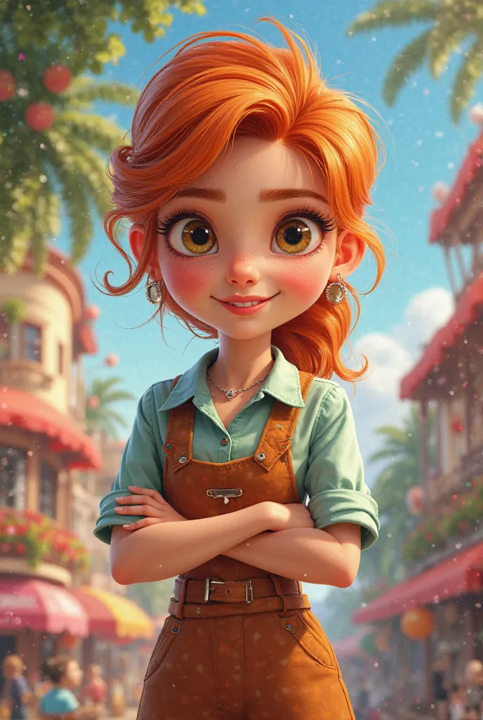 Pixar-style poster of a 25-year-old manicurist girl with orange hair, big eyes, pretty brown and teal outfit v