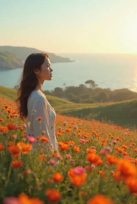 Coastal woman looking through a field of flowers
