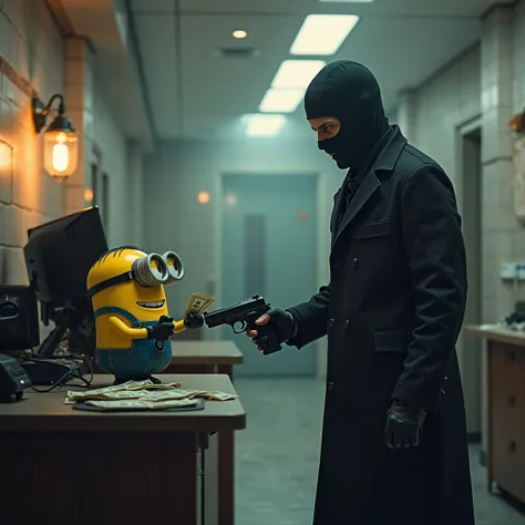  the robber's wearing black uniform with mask with gun inside the bank,  minion the employee of the bank he gave all the money to the robber's 