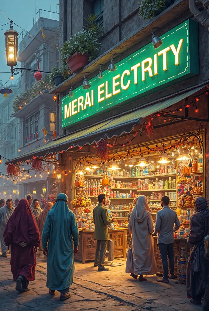 A store with a sign called Merai Electricity on a Ramadan day 