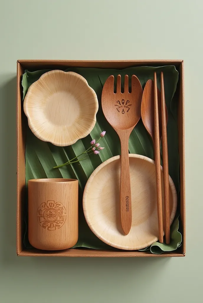 A gift box :
 In the center of the picture : A set of household products made from coconut wood, including items such as spoons, fork, chopsticks , cup , plates and trays.
Product features:
- Coconut wood with a natural texture, warm brown.
- Polished surf...