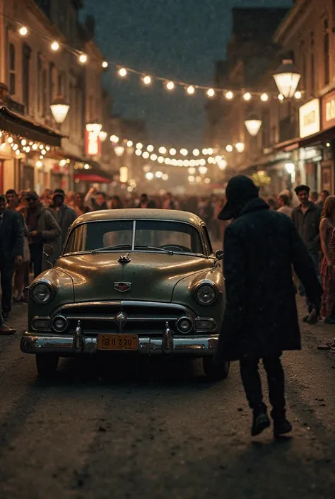 Picture of someone stealing an old car at a party