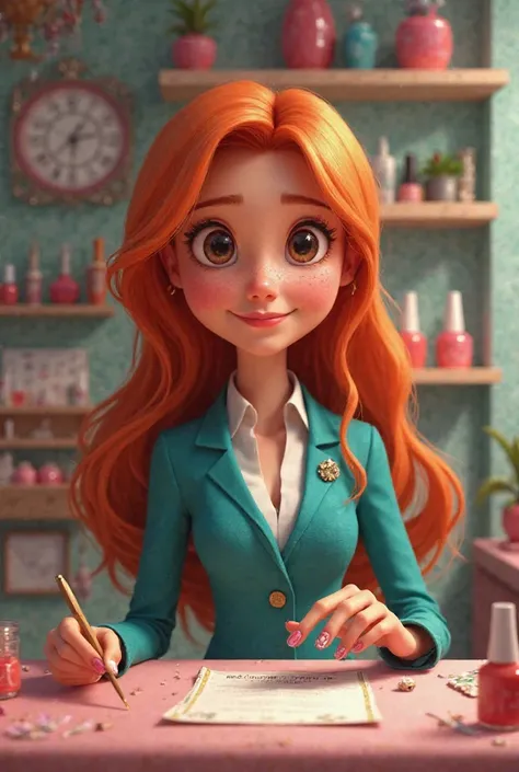 Pixar-style poster of a 25-year-old manicurist with long orange hair, big black eyes and a teal suit in a nail salon