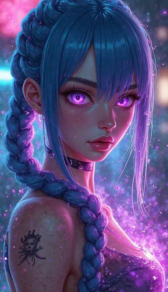 A dynamic, ultra-detailed portrait of a fierce, cyberpunk-inspired female character in an anime semi-realistic style, viewed from a three-quarter angle. She has intense, glowing purple eyes with a piercing gaze, surrounded by thick, dark eyelashes and subt...