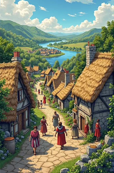 Create an illustration about a Village  with Britons.  Like comic book 