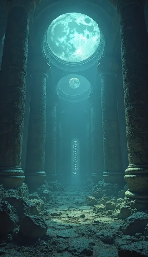 Ethereal glow emanating from Heracleion's ruins at midnight, shadowy figures carved into stone walls, cosmic mystery, UHD surrealism 592x1024 [9:16], cinematic enigma."