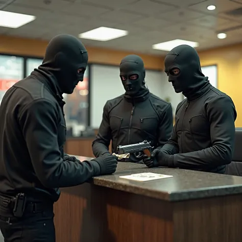  the robber's wearing black uniform with  3D animated robber's with mask with gun inside the bank,  minion the employee of the bank he gave lots of money to the robber's Infront of the desk