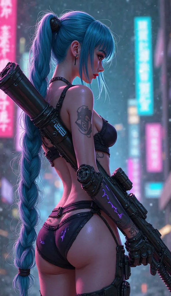 A back-view, ultra-detailed portrait of a fierce, cyberpunk-inspired female character in an anime semi-realistic style. She stands with confidence, holding a massive futuristic bazooka over her shoulder. Her long, electric blue braided hair cascades down h...