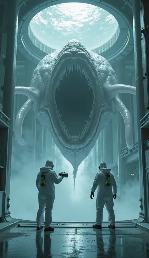 A massive, otherworldly deep-sea creature is suspended in a high-tech research facility. Its translucent, gelatinous skin reveals intricate vein-like structures, and its gaping maw is lined with countless needle-like teeth. The creature looms ominously ove...