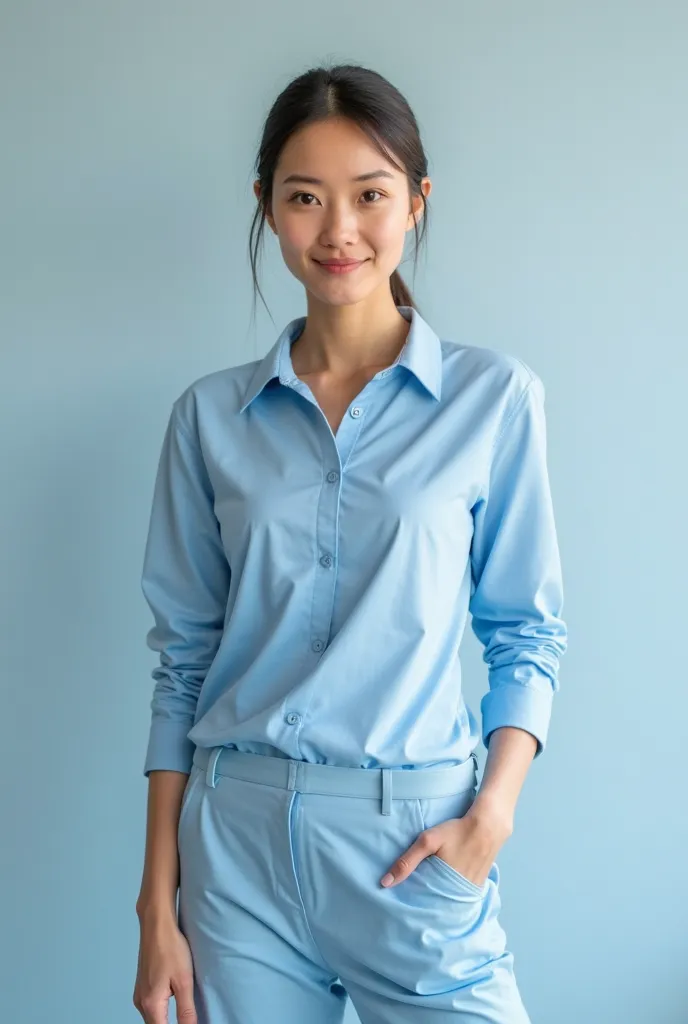 woman wearing long sleeve polo shirt in light blue for uniform, smooth and clean background.