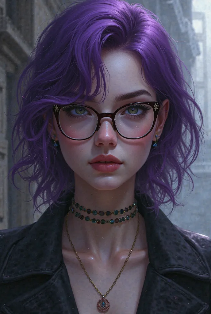 Semi realistic art desigh, women, square glasses, purple hair, 