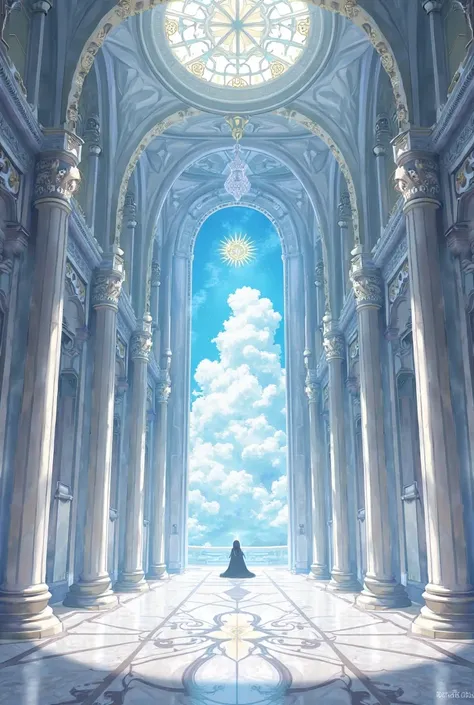 Interior palace of a king, with celestial architecture, with white, light blue and gray color tones, all generated in anime