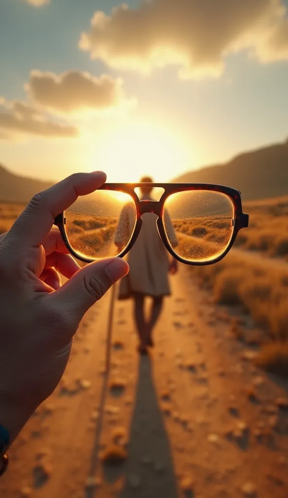 An ultra-realistic POV-style image capturing David's view through his lenses as he walks along a dusty path towards the Valley of Elah. His steady hands grip a shepherd's staff, and the sunlight reflects off the glasses, casting a golden hue on the horizon...