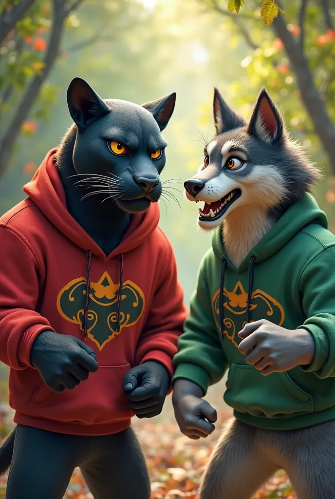 Black panther with red sweatshirt featuring a gray wolf with green sweatshirt in a classic Disney style 