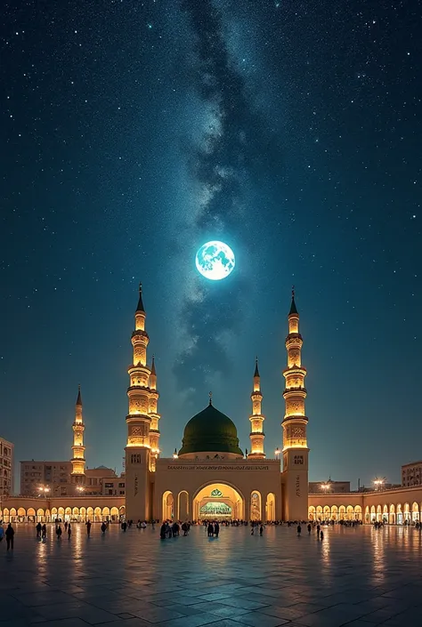 Generate an image of A breathtaking aerial view of Masjid Al-Nabawi at night, showcasing its beautifully illuminated green dome and towering minarets. The mosque glows with a serene and spiritual ambiance, enhanced by traditional Islamic lanterns casting a...