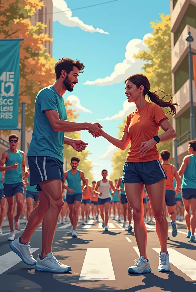 Create a detailed digital illustration of two urban race runners. It should be evident that they are athletes preparing for a street race. One runner is handing a participation number to the other, who is accepting it because they don’t have one to join th...