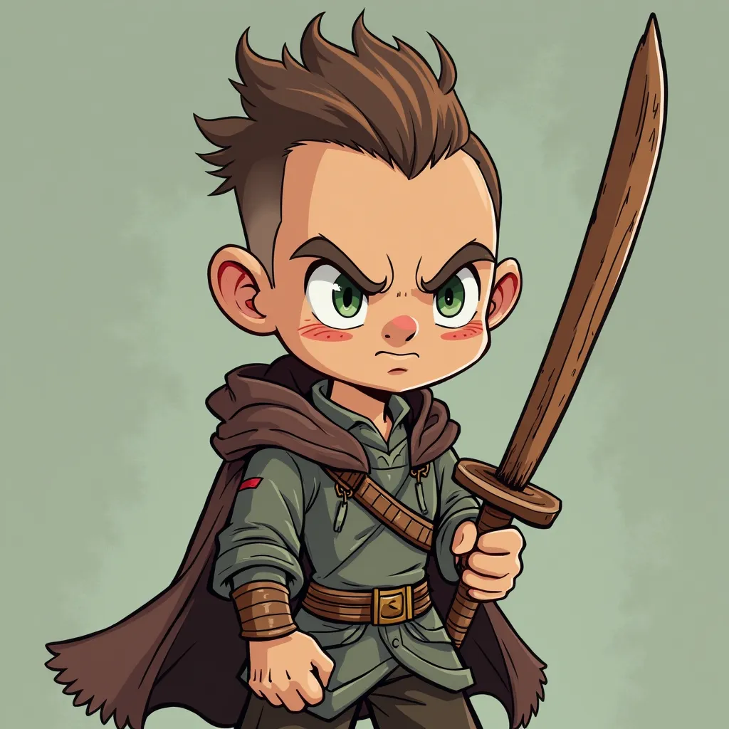 Create a [ ] with the old comic style, He carries a wooden sword,  Your eyes are green, your hair shaved on the sides only and your hair color is brown, Your facial expression is one of anger