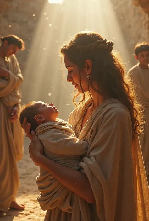 The ethnicity in this scene is original to the Jerusalem region. Ana holds the newborn Samuel in her arms, wrapped in simple cloths, with a soft glow surrounding the scene. Gold tones, sky blue,  radiant white . Cinematic realism. Captures a wide field of ...