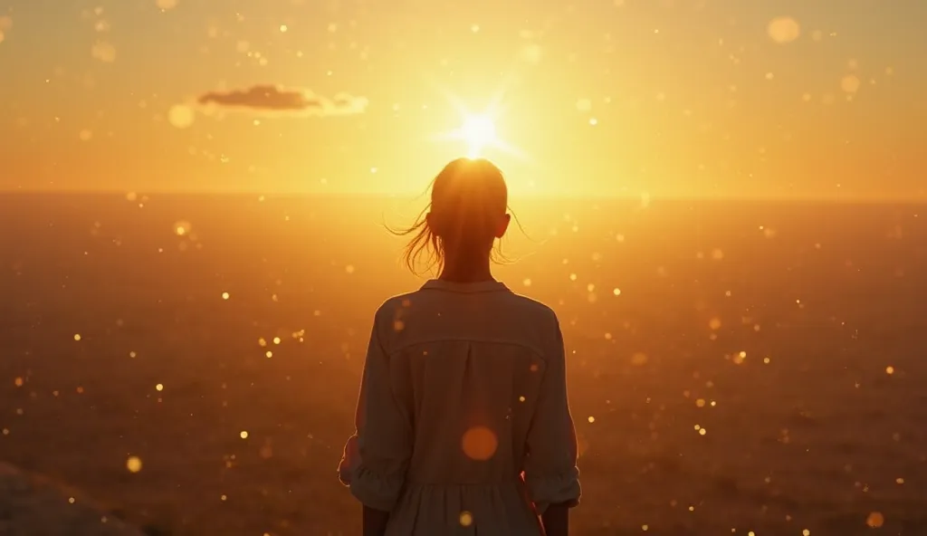 A person with their back looking at a vast horizon, with a golden sky and a faint glow around, transmitting mystery and transformation.  The environment must appear realistic , as if it were the dawn of a new day, symbolizing the beginning of a spiritual a...