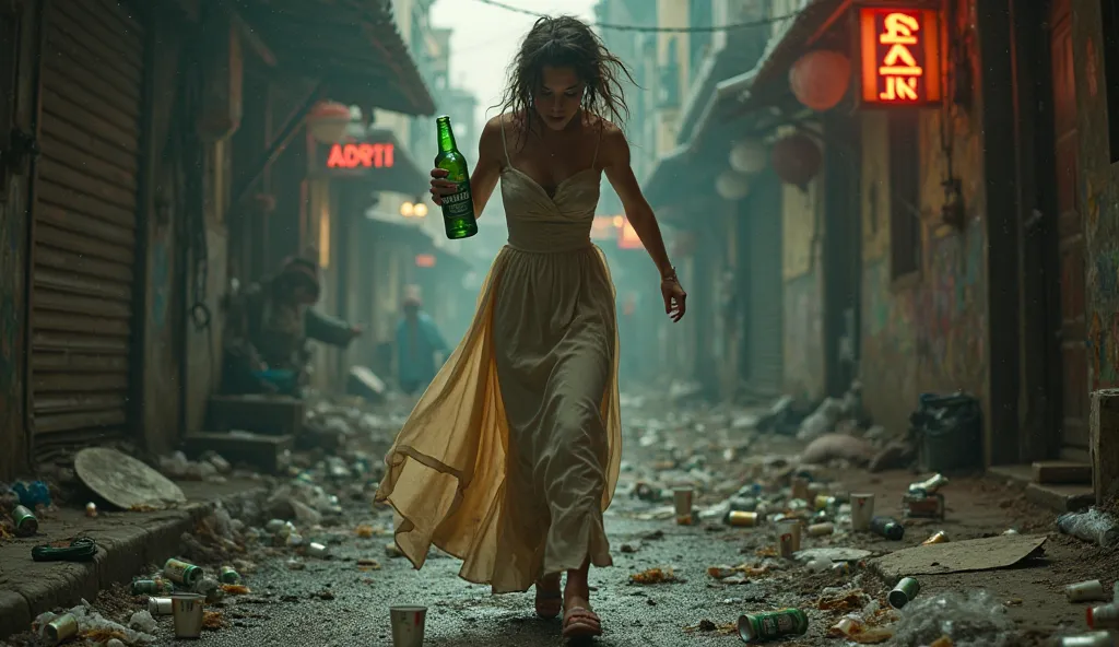 "A woman, visibly drunk, is stumbling down a dirty street, holding a Heineken beer bottle in her hand. She is wearing a beautiful, elegant dress, which contrasts with the messy surroundings. Her hair is disheveled, and her expression shows a mix of exhaust...