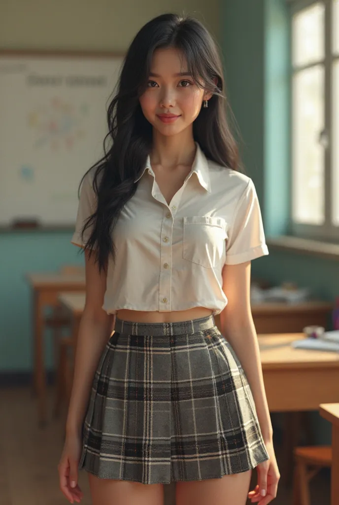 (Masterpiece, lips: 1.2), Alone,render 3d, 3d model,  of a beautiful and slender girl , Wearing school uniform, with pleated skirt ,(classroom), ( Beautiful and vibrant background ), (((( huge _chest)))), ( A tight white short sleeve shirt with collar:1.2)...