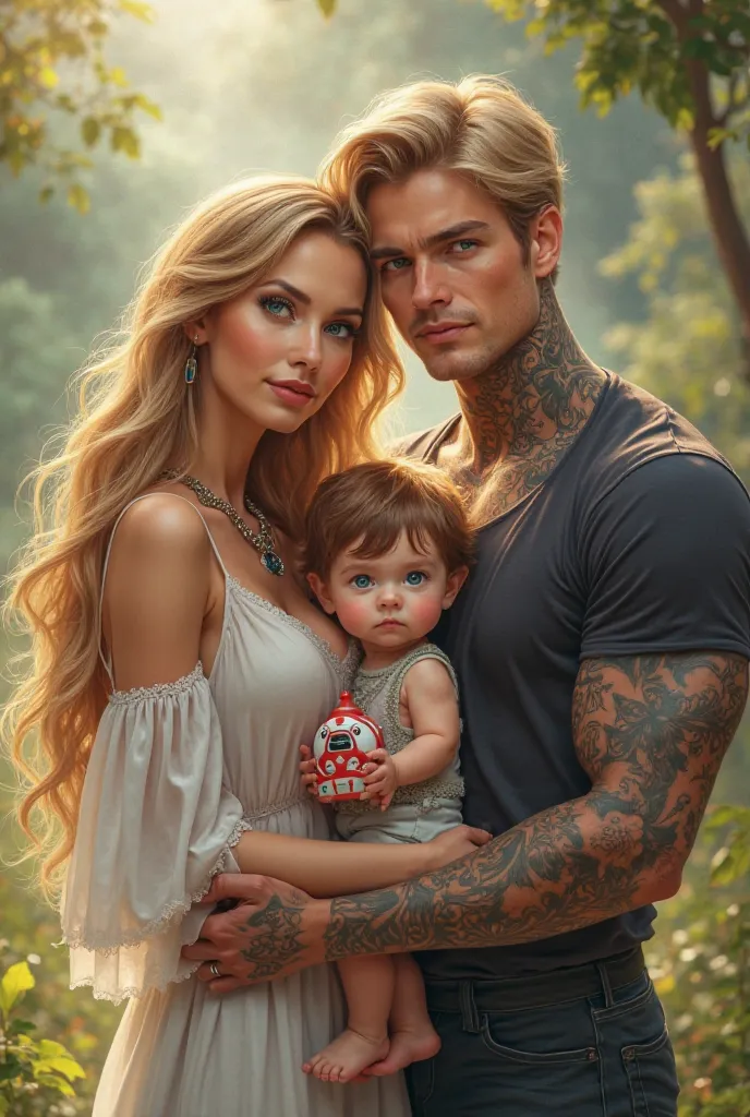 Elegant blonde girl with long hair green eyes with her husband blonde hair blue eyes with muscular tattoos and her 10 month old male baby brown hair blue eyes with a nice toy in his hands 